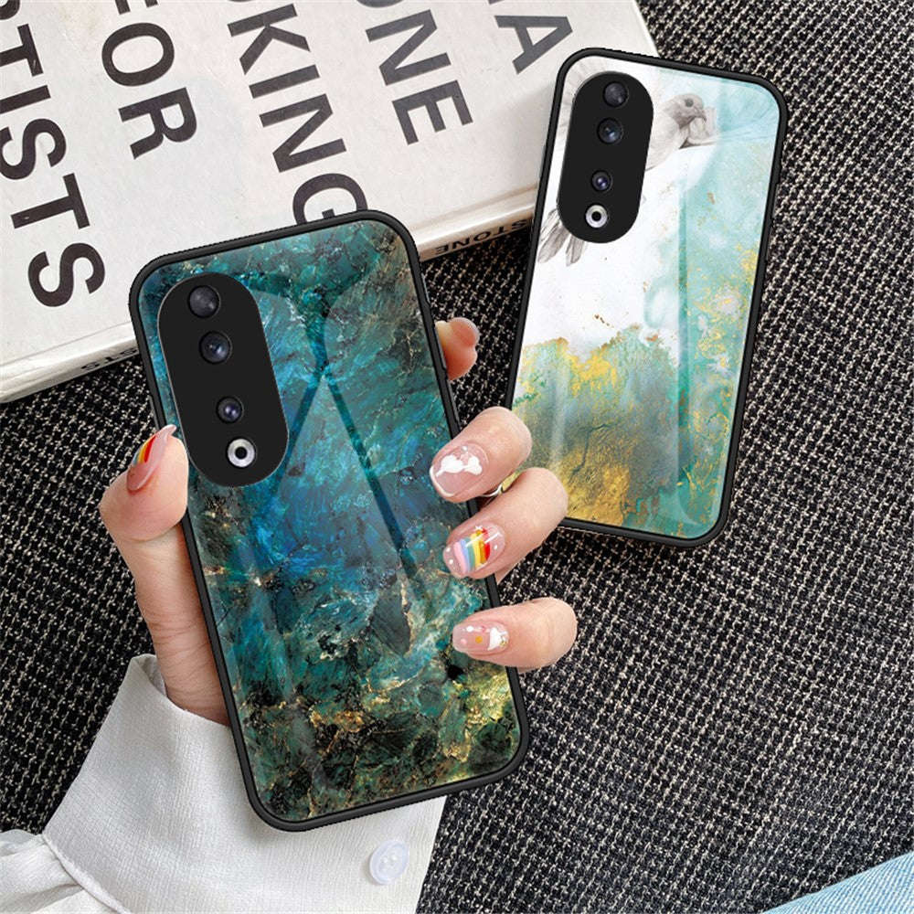 For Honor 90 Marble Pattern Back Case Tempered Glass+PC+TPU Shockproof Phone Cover