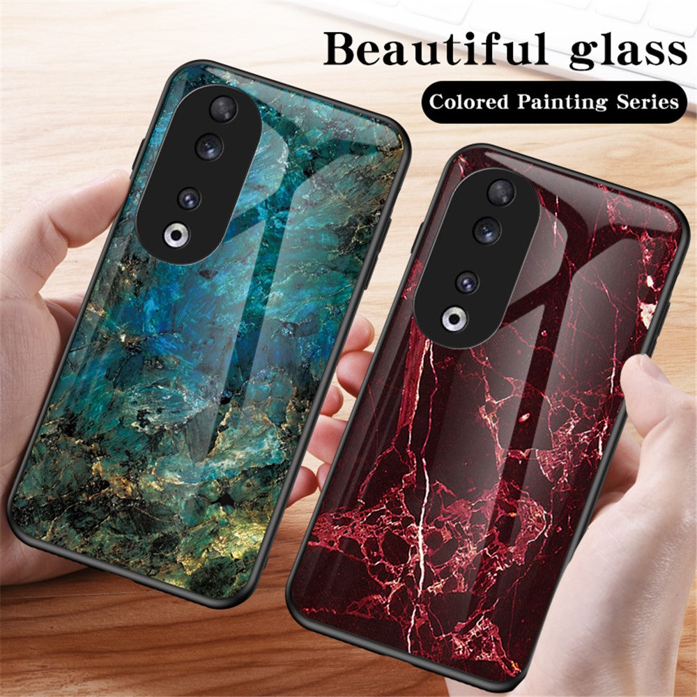 For Honor 90 Marble Pattern Back Case Tempered Glass+PC+TPU Shockproof Phone Cover