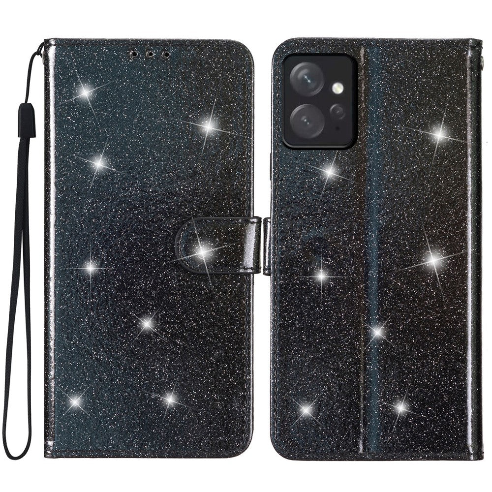 For Xiaomi Redmi Note 12 4G Leather Wallet Stand Case Drop-proof Glittery Phone Cover with Strap