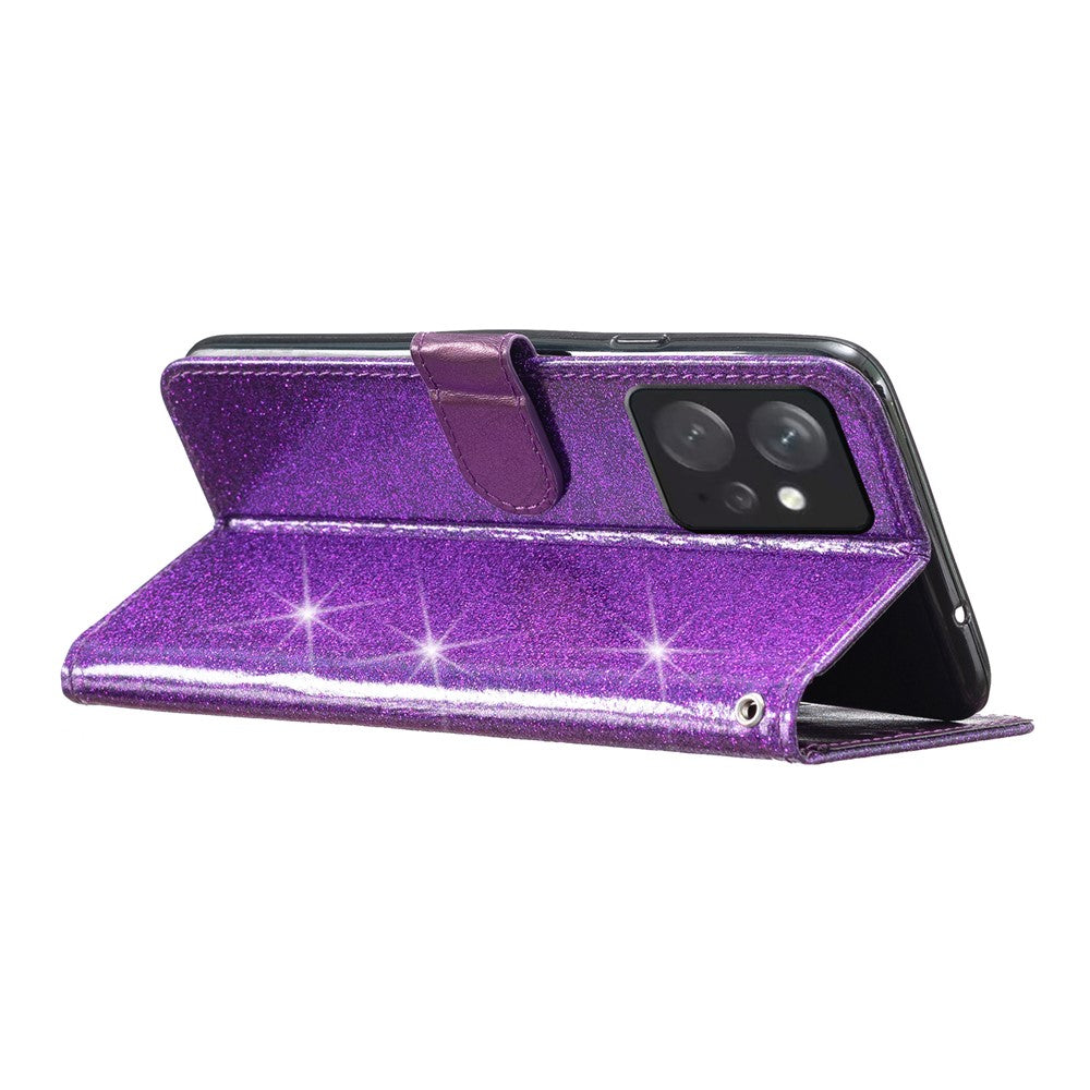 For Xiaomi Redmi Note 12 4G Leather Wallet Stand Case Drop-proof Glittery Phone Cover with Strap