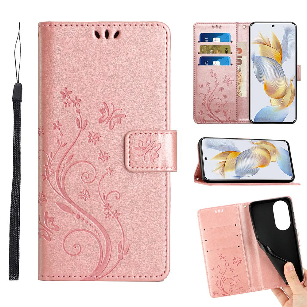 For Honor 90 PU Leather Wallet Cover Drop-proof Butterfly Imprinted Flip Stand Phone Case