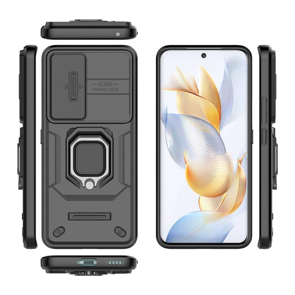 For Honor 90 Case PC+TPU Ring Kickstand Cellphone Cover with Slide Lens Guard