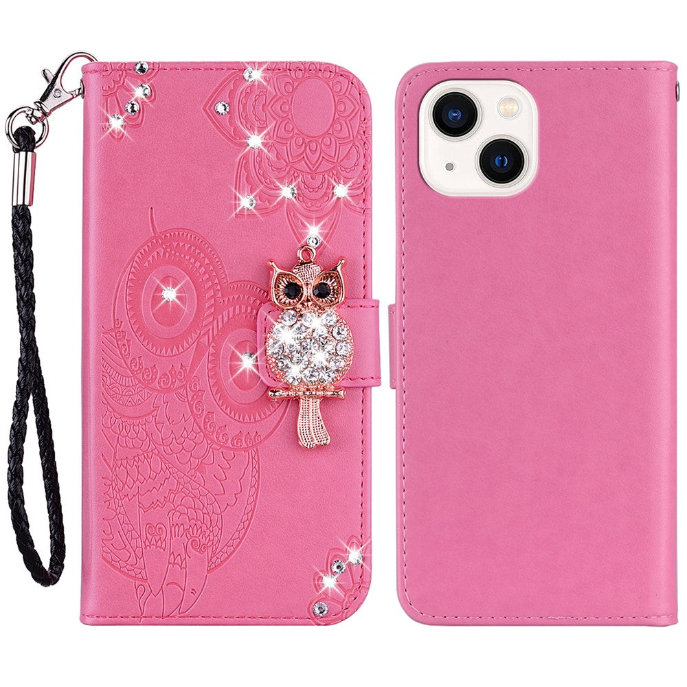 iPhone 15 Plus Handyhülle mit Eulenmuster & Strass-Steinen