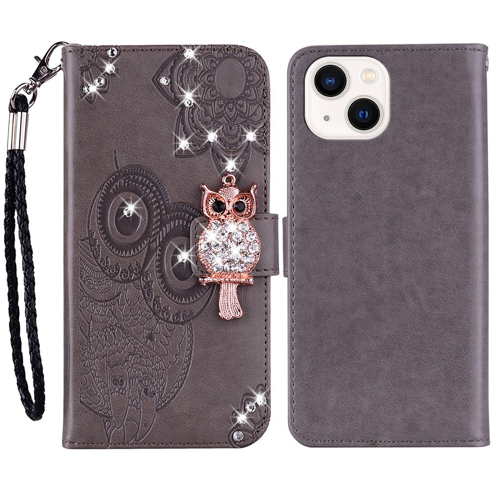 iPhone 15 Plus Handyhülle mit Eulenmuster & Strass-Steinen