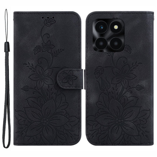 Honor X6a 4G Handyhülle – Ledertasche, Lilien-Blumenmuster, mit Ständer, Geldbörse