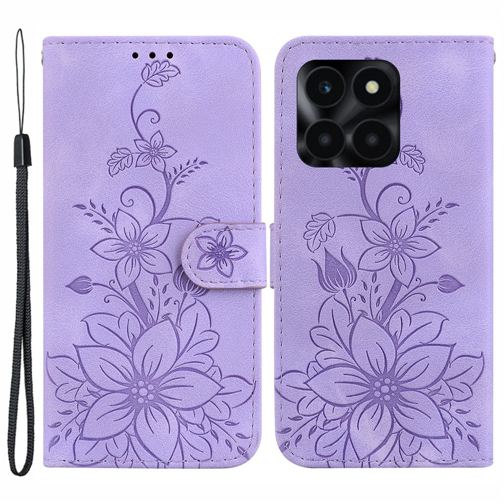 For Honor X6a 4G Leather Case Lily Flower Pattern Phone Cover with Stand Wallet