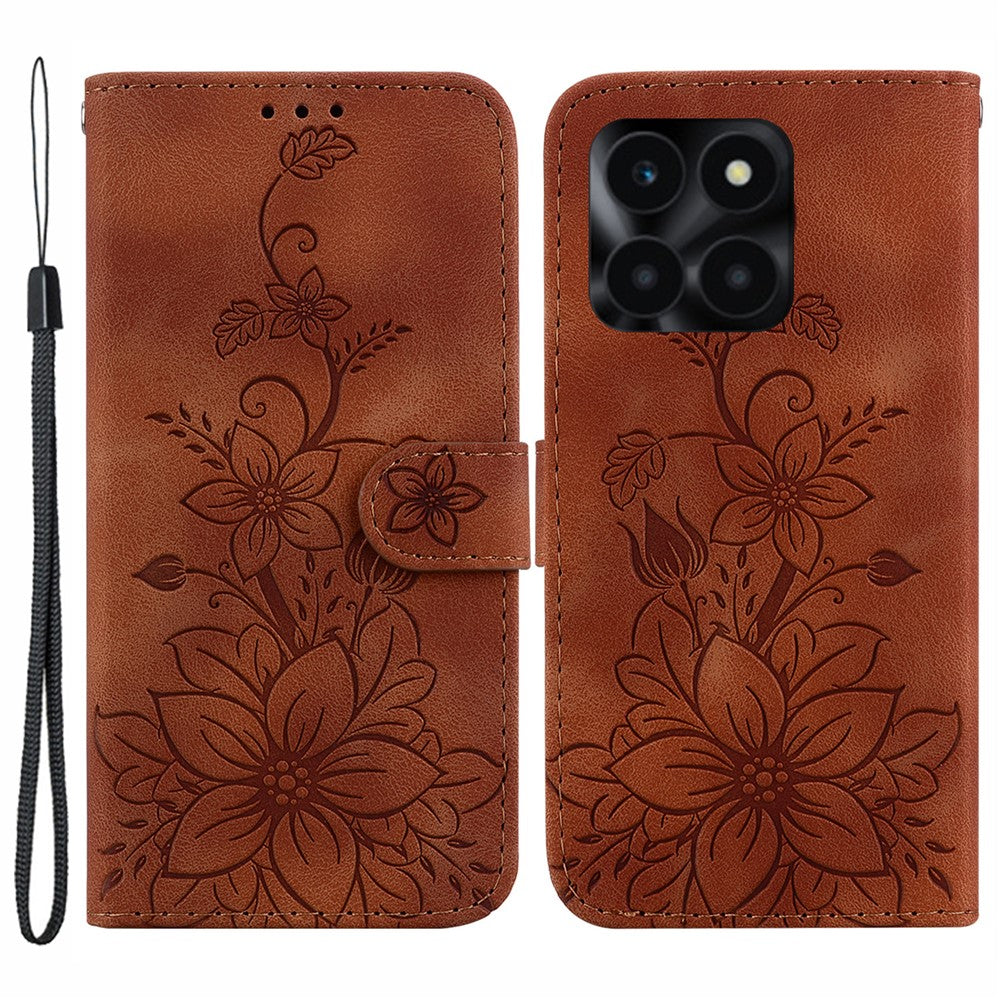 For Honor X6a 4G Leather Case Lily Flower Pattern Phone Cover with Stand Wallet