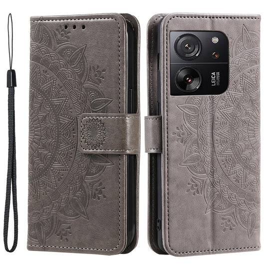 Xiaomi 13T / Xiaomi 13T Pro / Xiaomi Redmi K60 Ultra Handyhülle – 13T / Redmi K60 Ultra Lederhülle mit Mandala-Blume-Aufdruck und Riemen