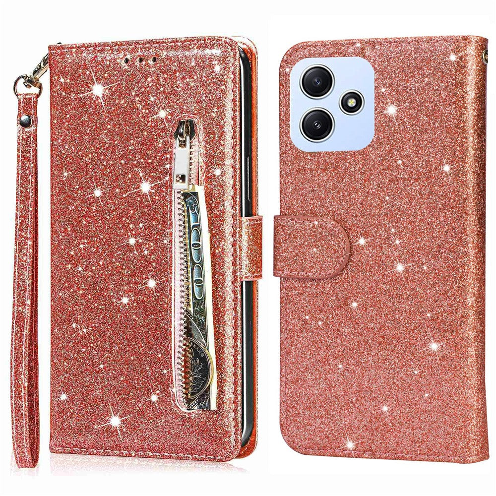 For Xiaomi Redmi 12 4G / 5G (Global) / Poco M6 Pro 5G Case Zipper Pocket Glittery Leather Cover
