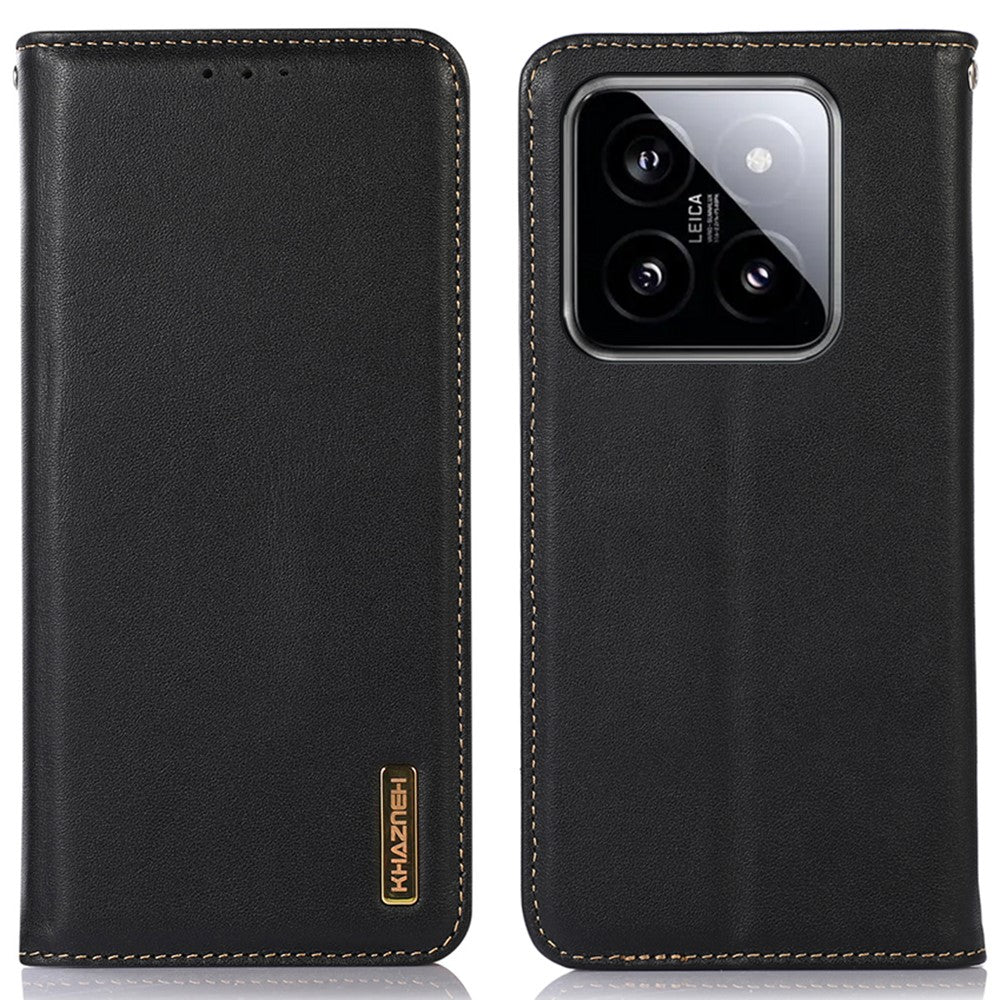 KHAZNEH For Xiaomi 14 Case Genuine Cow Leather Stand Magnetic Closure Phone Cover