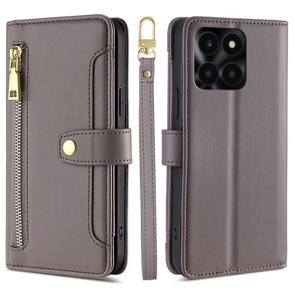 For Honor X6a 4G Case Zipper Wallet Leather Phone Stand Cover with Long and Short Strap