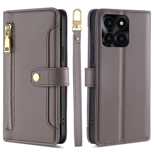 Honor X6a 4G Handyhülle – mit Reißverschluss, Brieftasche aus Leder, mit langem und kurzem Riemen