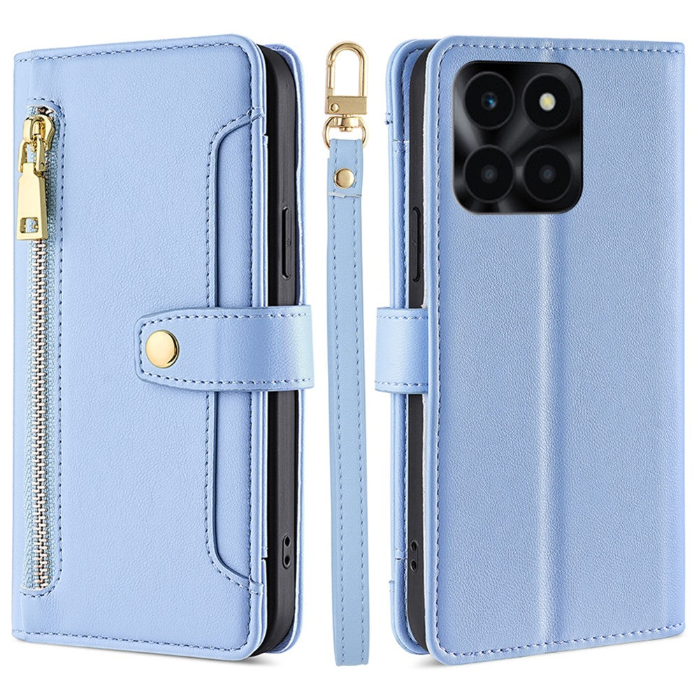 For Honor X6a 4G Case Zipper Wallet Leather Phone Stand Cover with Long and Short Strap