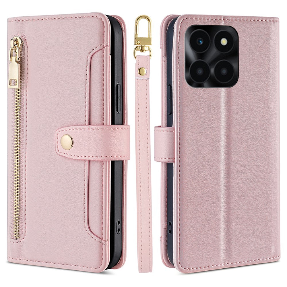 For Honor X6a 4G Case Zipper Wallet Leather Phone Stand Cover with Long and Short Strap