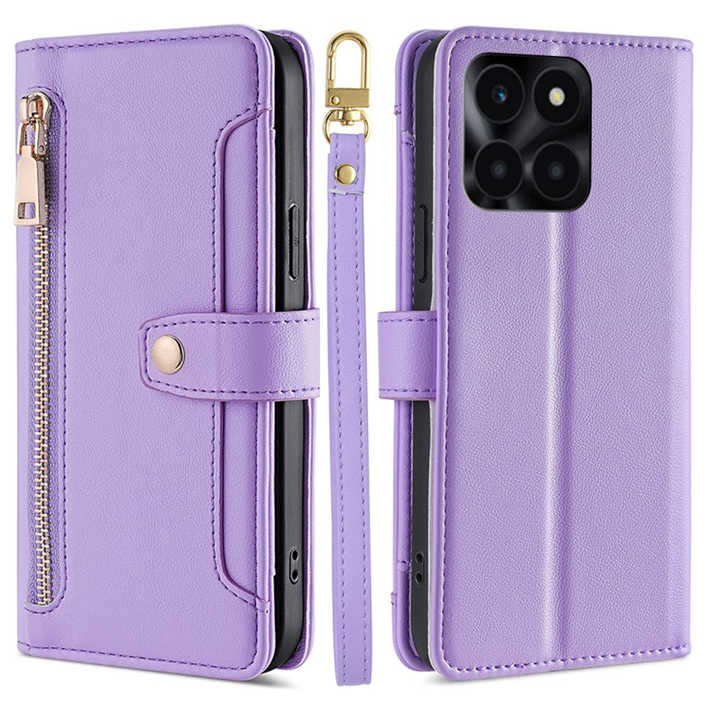 For Honor X6a 4G Case Zipper Wallet Leather Phone Stand Cover with Long and Short Strap