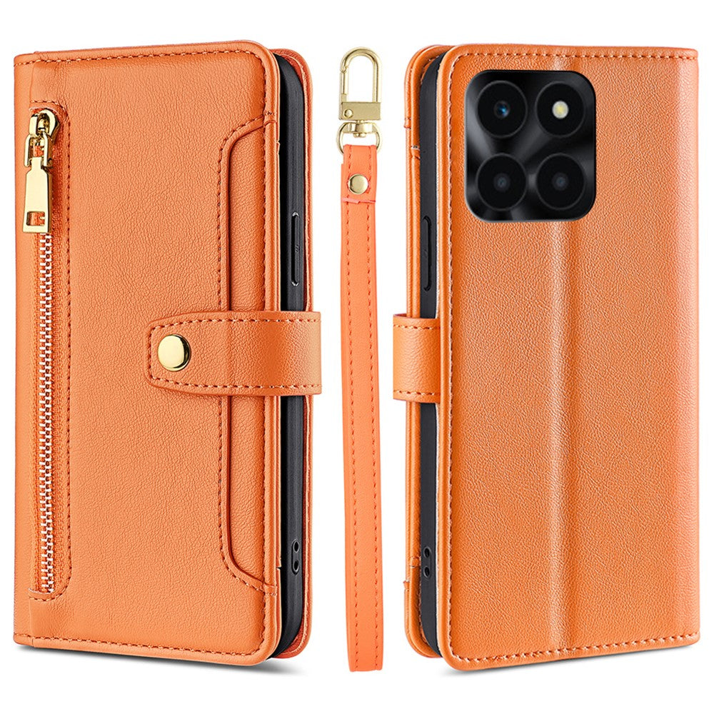 For Honor X6a 4G Case Zipper Wallet Leather Phone Stand Cover with Long and Short Strap