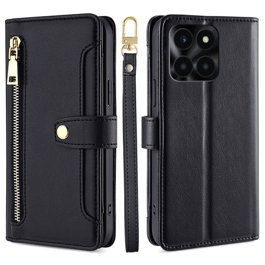 Honor X6a 4G Handyhülle – mit Reißverschluss, Brieftasche aus Leder, mit langem und kurzem Riemen