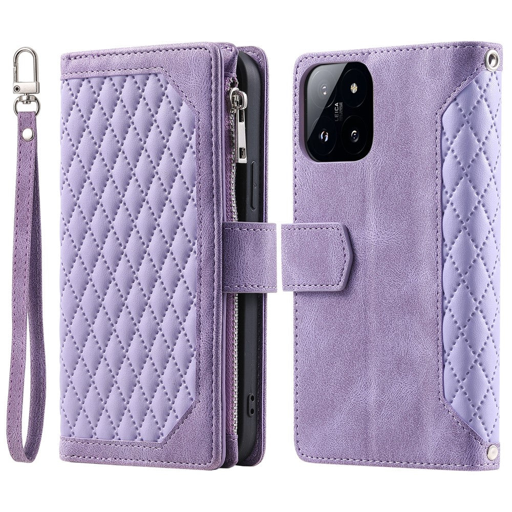 005 Style For Xiaomi 14 Pro Case Zipper Wallet Rhombus Leather Cover with Strap