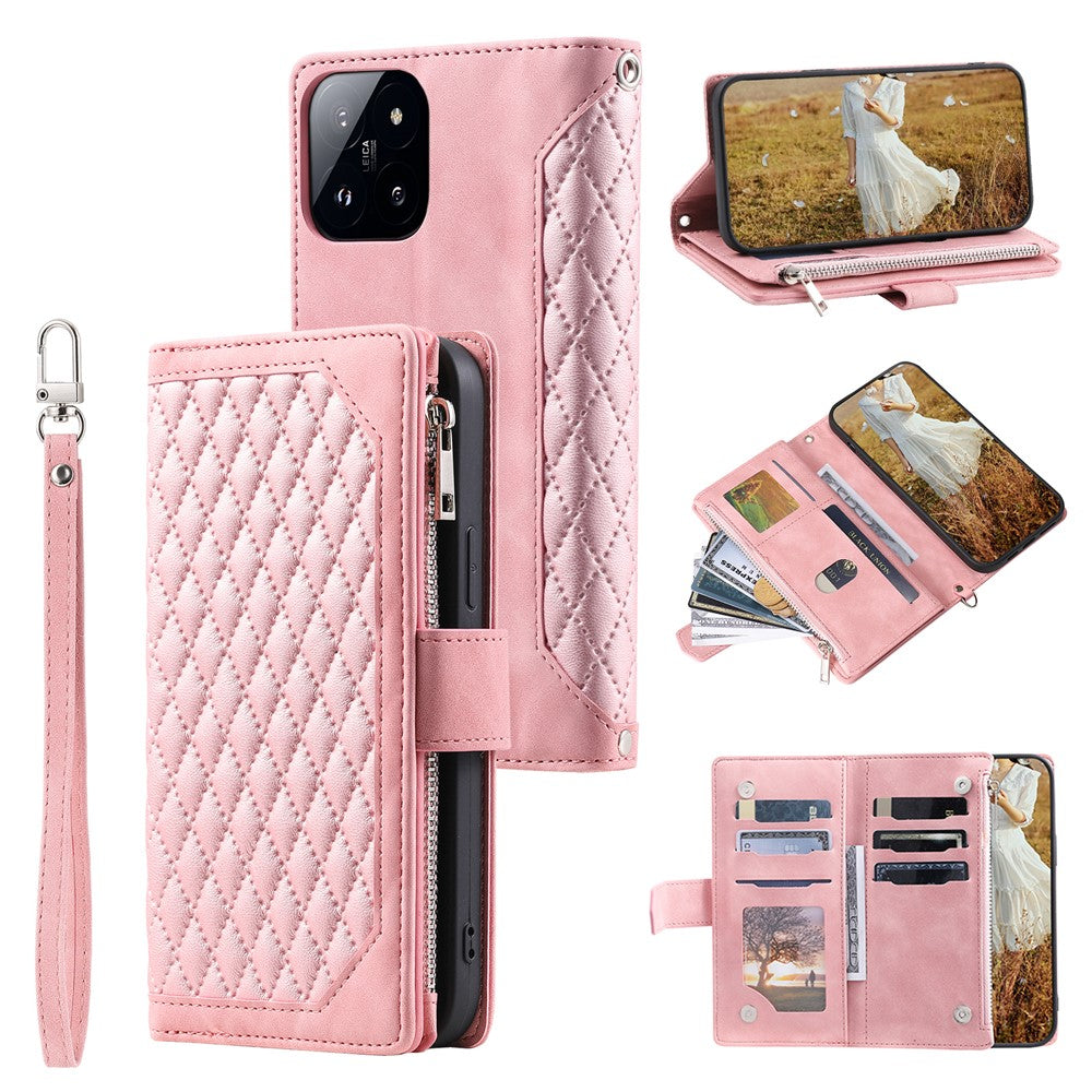 005 Style For Xiaomi 14 Pro Case Zipper Wallet Rhombus Leather Cover with Strap