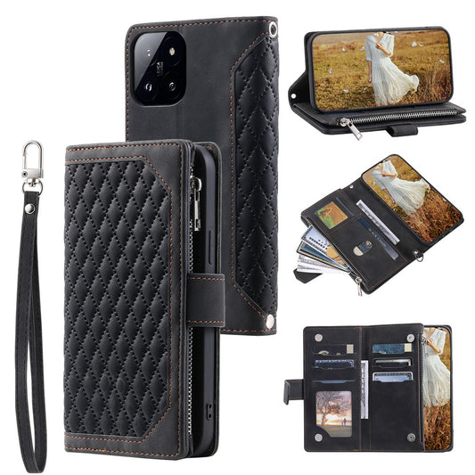 Xiaomi 14 Handyhülle – 005 Style PU-Leder mit Reißverschlusstasche, Rhombus- mit Riemen