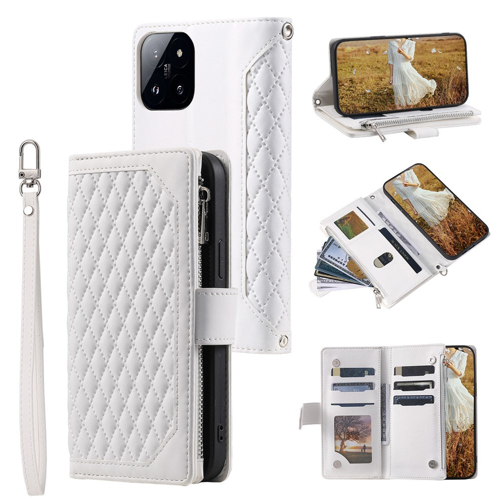 005 Style For Xiaomi 14 Case PU Leather Zipper Pocket Rhombus Phone Cover with Strap