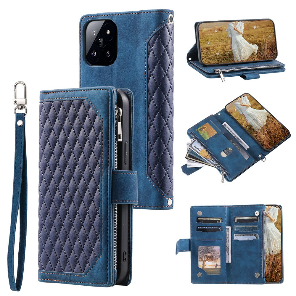005 Style For Xiaomi 14 Case PU Leather Zipper Pocket Rhombus Phone Cover with Strap