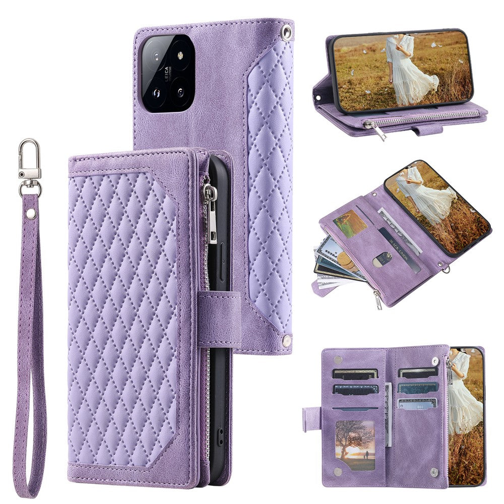 005 Style For Xiaomi 14 Case PU Leather Zipper Pocket Rhombus Phone Cover with Strap