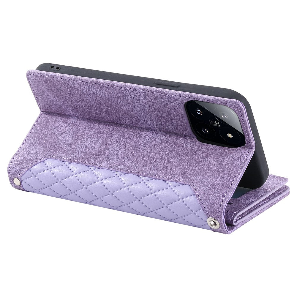 005 Style For Xiaomi 14 Case PU Leather Zipper Pocket Rhombus Phone Cover with Strap