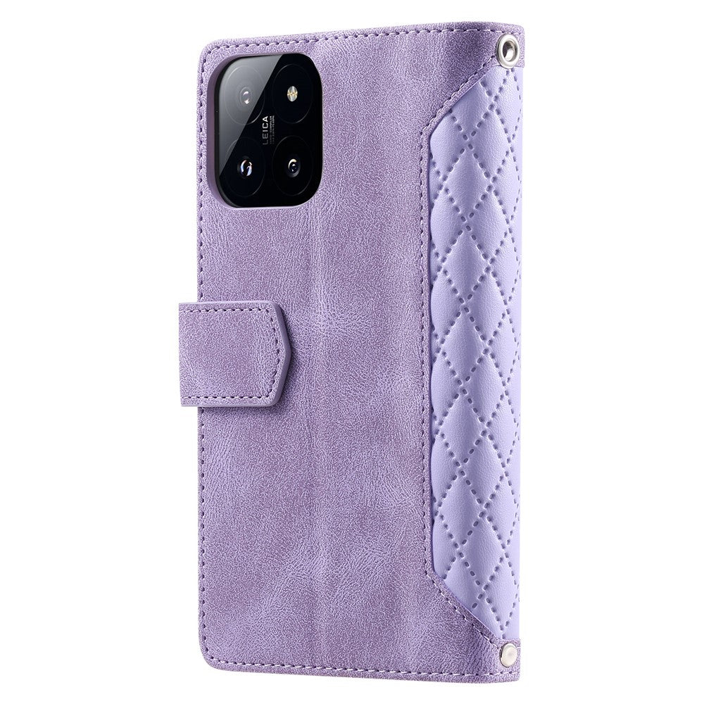 005 Style For Xiaomi 14 Case PU Leather Zipper Pocket Rhombus Phone Cover with Strap