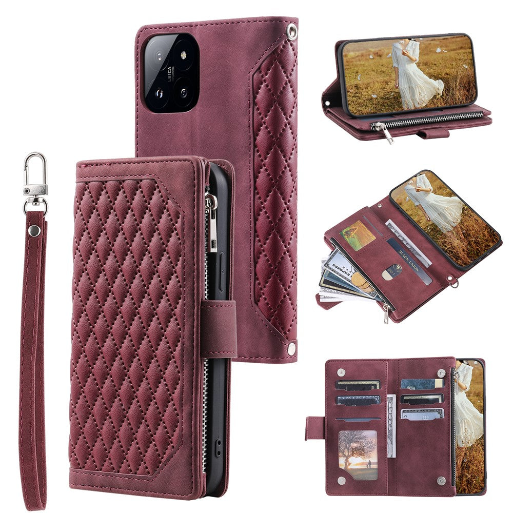 005 Style For Xiaomi 14 Case PU Leather Zipper Pocket Rhombus Phone Cover with Strap