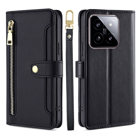 Xiaomi 14 Handyhülle – Kartenfächer, Reißverschluss, Brieftasche, Lederhülle mit 2 Riemen