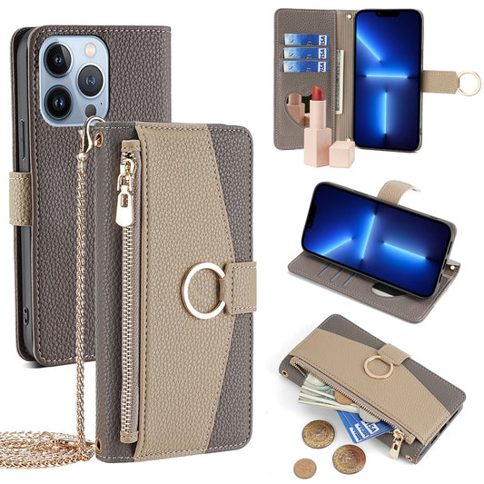 iPhone 13 Pro Wallet-Hülle – Litschi-Textur, mit Spiegel & Kettenschultergurt