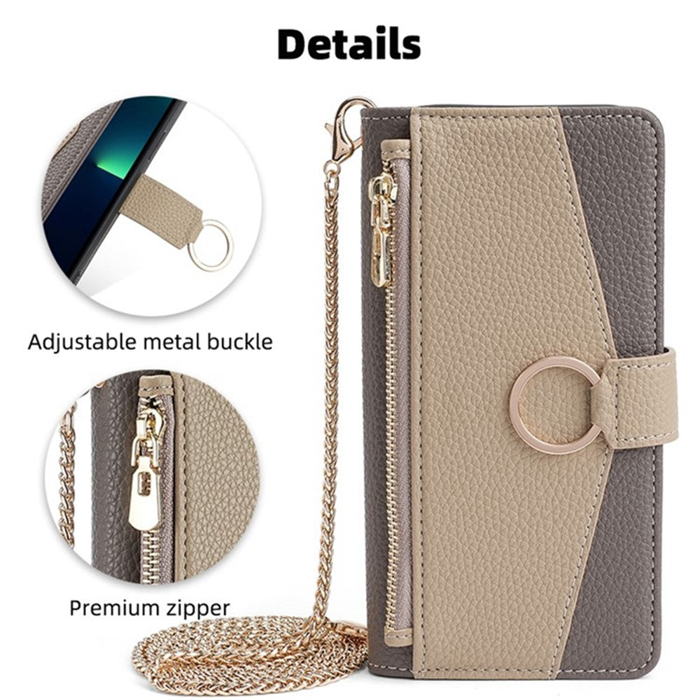 iPhone 13 Pro Wallet-Hülle – Litschi-Textur, mit Spiegel & Kettenschultergurt