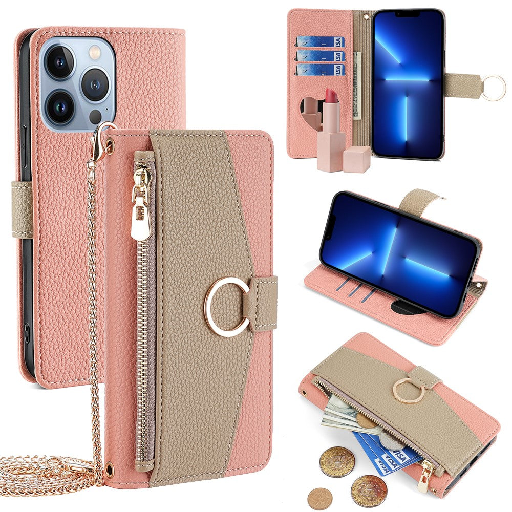iPhone 13 Pro Wallet-Hülle – Litschi-Textur, mit Spiegel & Kettenschultergurt