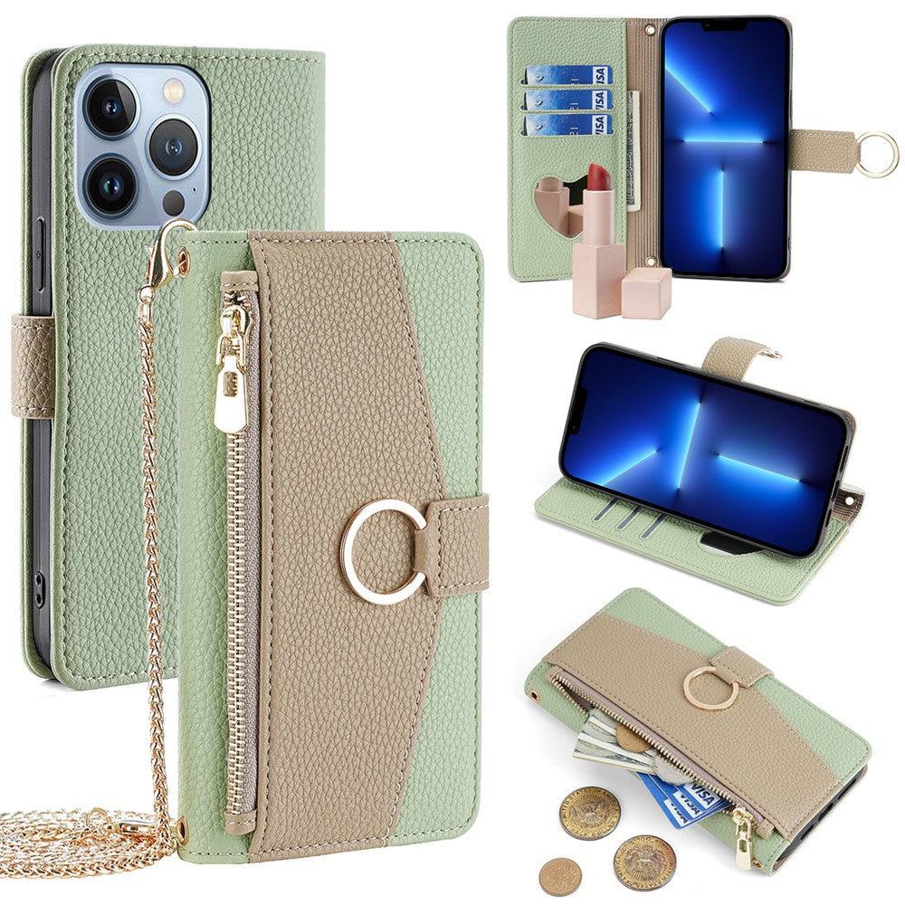 iPhone 13 Pro Wallet-Hülle – Litschi-Textur, mit Spiegel & Kettenschultergurt