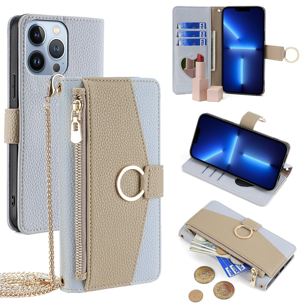 iPhone 13 Pro Wallet-Hülle – Litschi-Textur, mit Spiegel & Kettenschultergurt