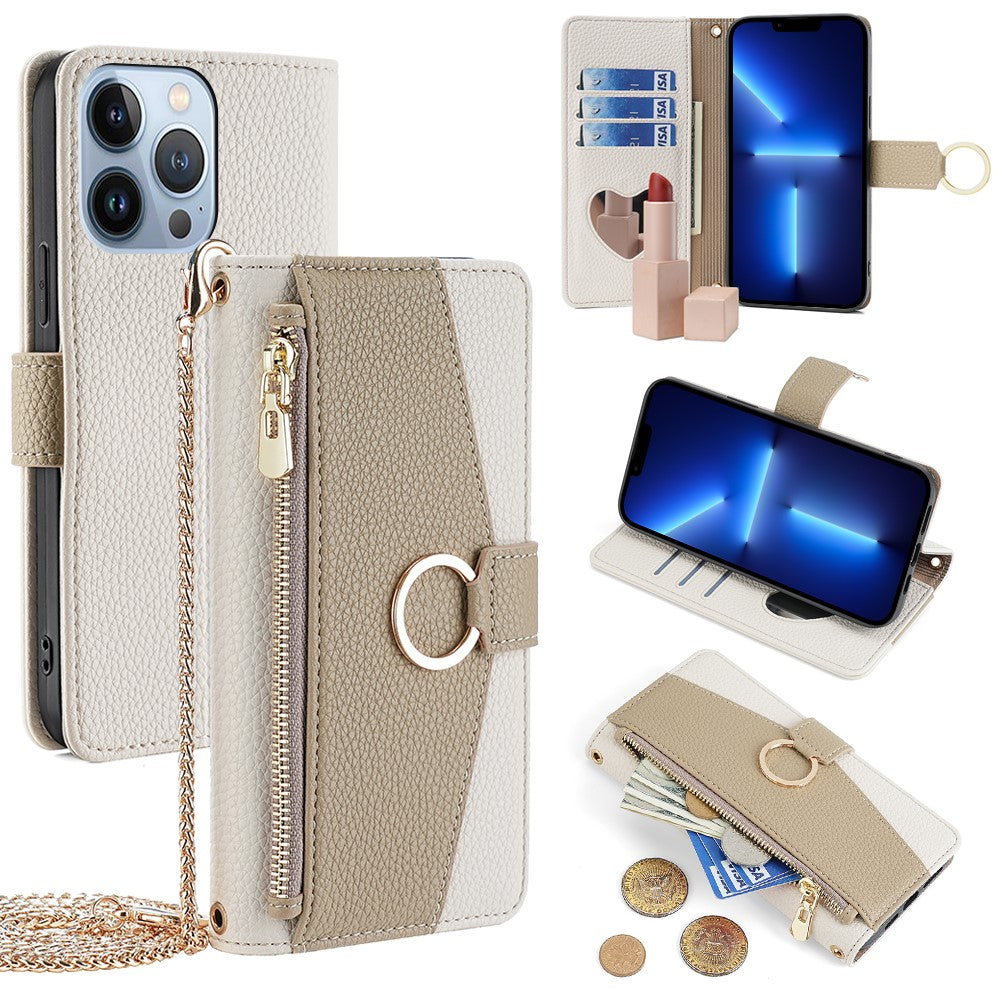 iPhone 13 Pro Wallet-Hülle – Litschi-Textur, mit Spiegel & Kettenschultergurt