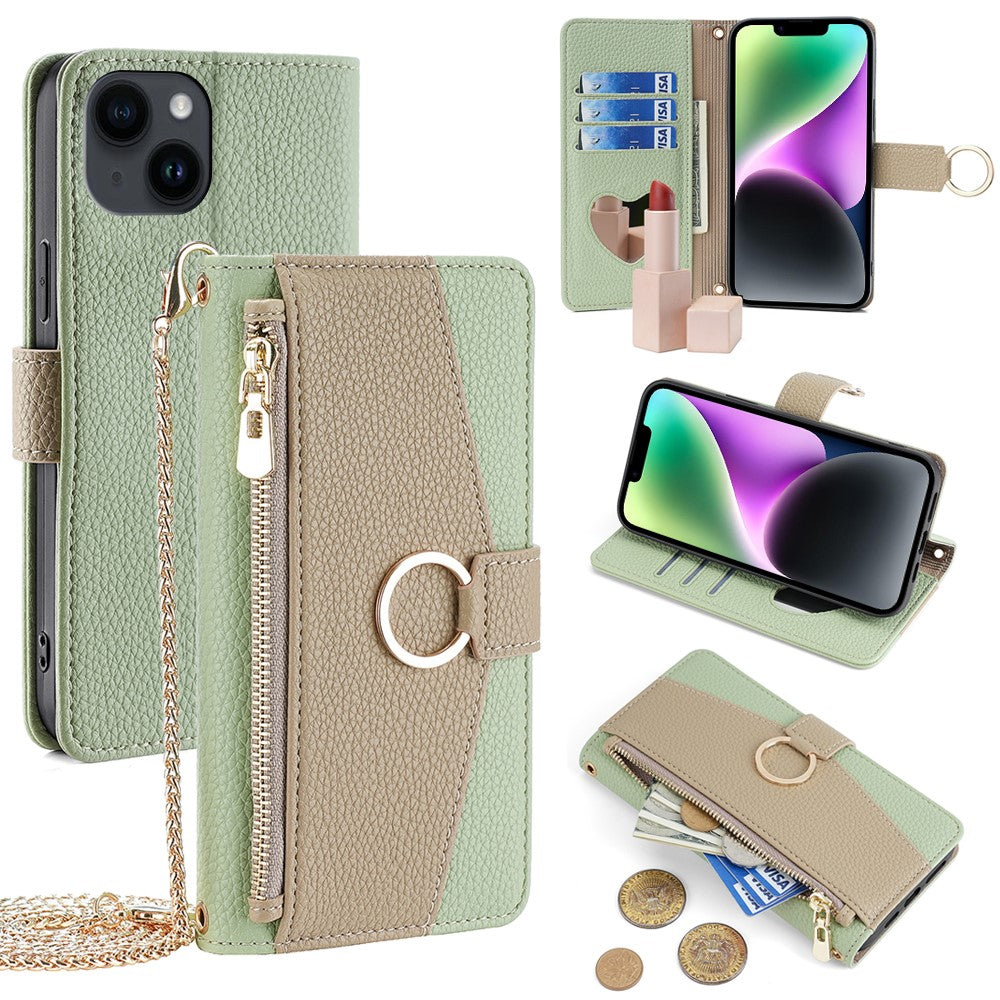 iPhone 14 Wallet-Hülle – Litschi-Textur, mit Spiegel & Kettenschultergurt