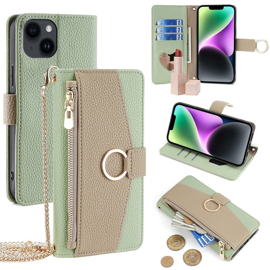 iPhone 14 Wallet-Hülle – Litschi-Textur, mit Spiegel & Kettenschultergurt