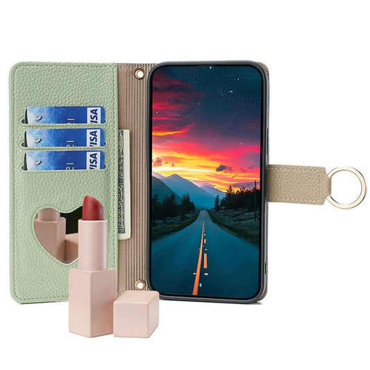 iPhone 14 Wallet-Hülle – Litschi-Textur, mit Spiegel & Kettenschultergurt