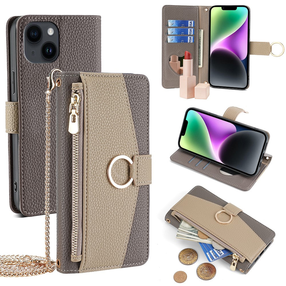iPhone 14 Wallet-Hülle – Litschi-Textur, mit Spiegel & Kettenschultergurt