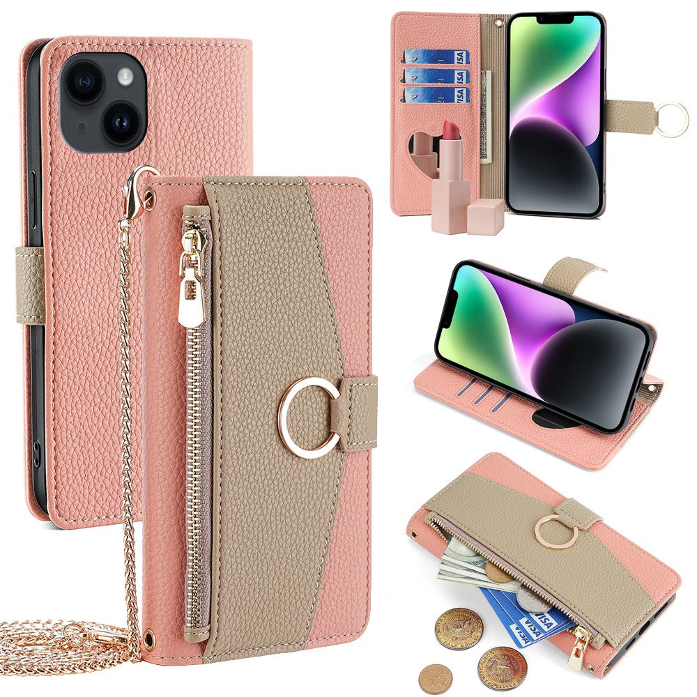 iPhone 14 Wallet-Hülle – Litschi-Textur, mit Spiegel & Kettenschultergurt