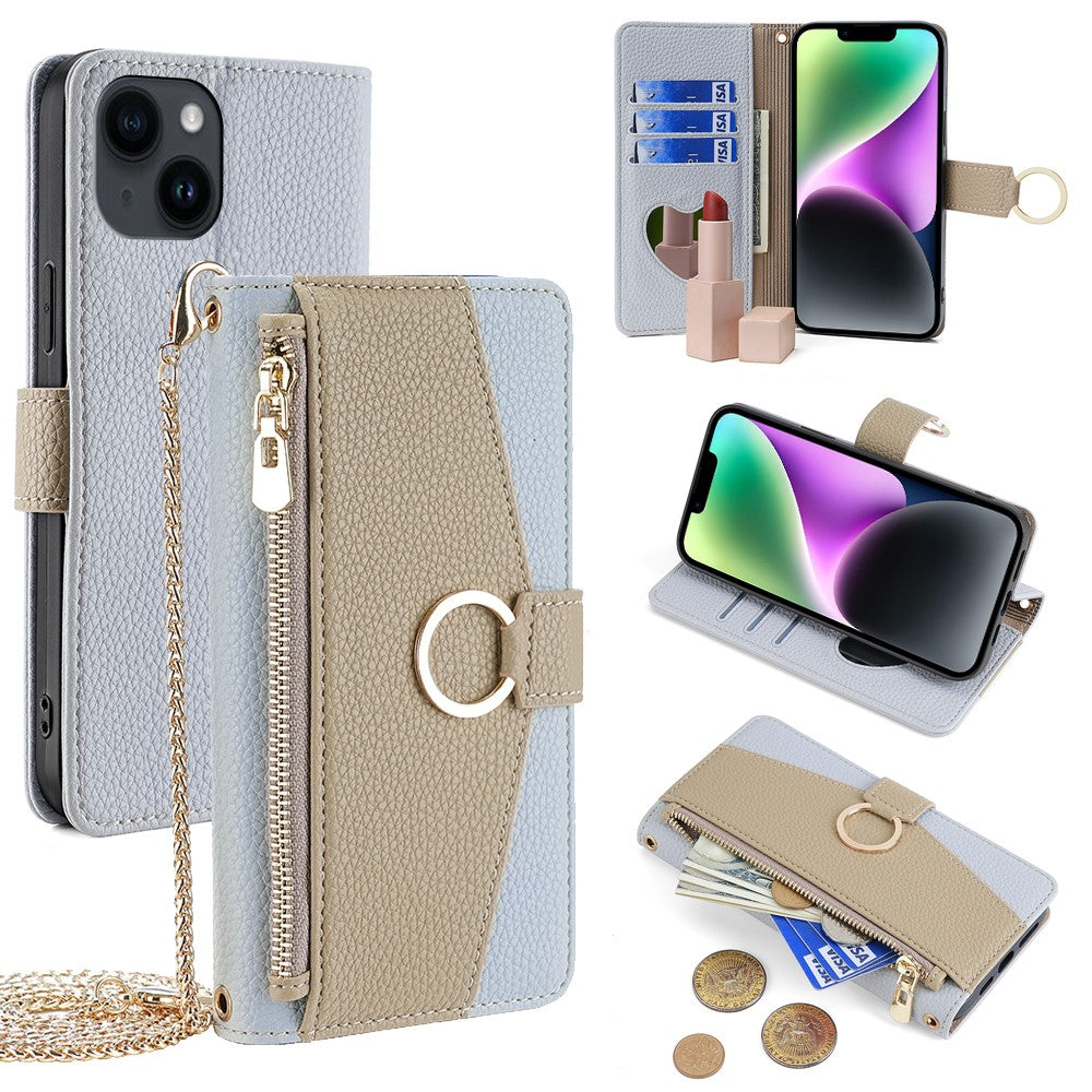 iPhone 14 Wallet-Hülle – Litschi-Textur, mit Spiegel & Kettenschultergurt