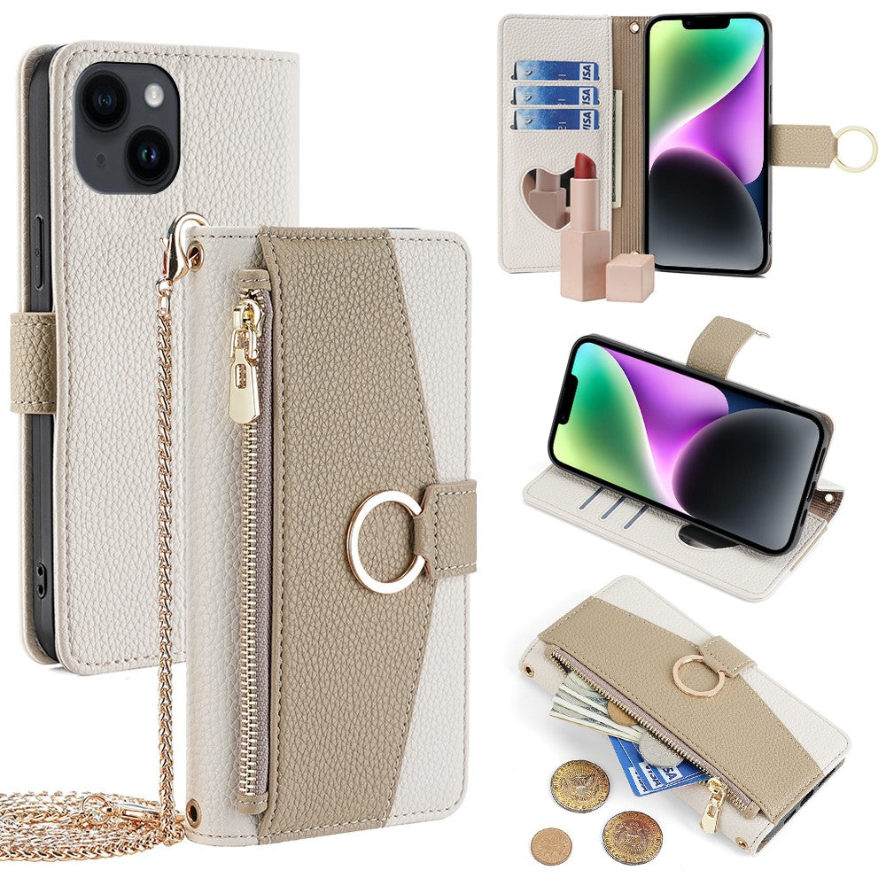 iPhone 14 Wallet-Hülle – Litschi-Textur, mit Spiegel & Kettenschultergurt