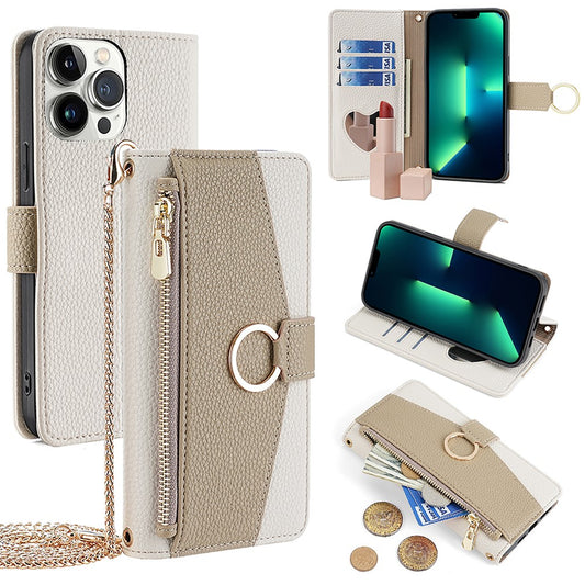 iPhone 13 Pro Max Wallet-Hülle – Litschi-Textur, mit Spiegel & Kettenschultergurt