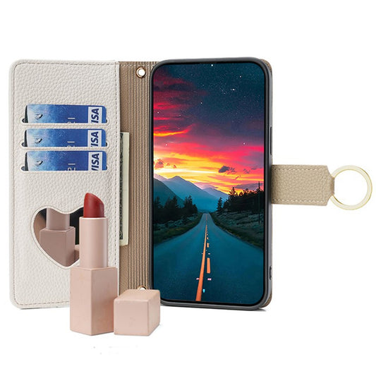 iPhone 13 Pro Max Wallet-Hülle – Litschi-Textur, mit Spiegel & Kettenschultergurt