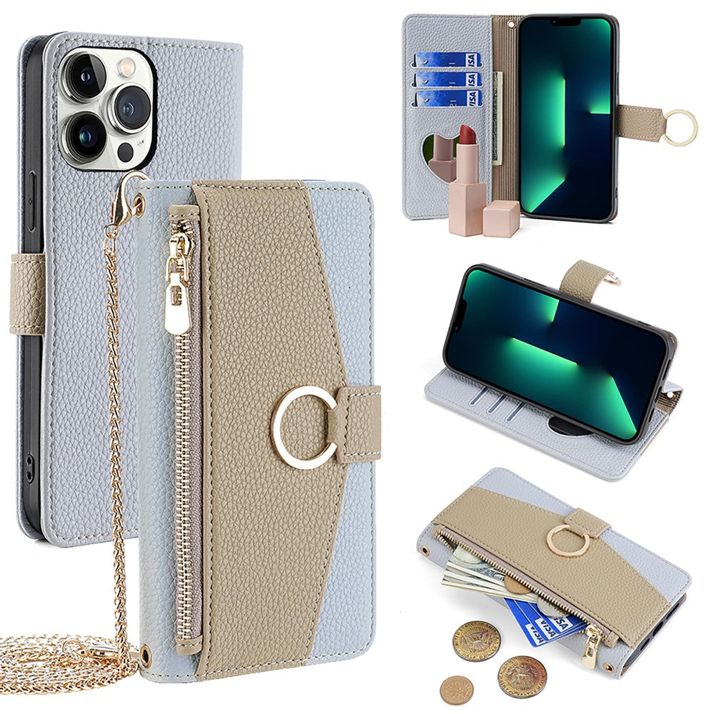 iPhone 13 Pro Max Wallet-Hülle – Litschi-Textur, mit Spiegel & Kettenschultergurt