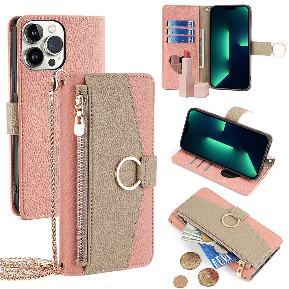 iPhone 13 Pro Max Wallet-Hülle – Litschi-Textur, mit Spiegel & Kettenschultergurt
