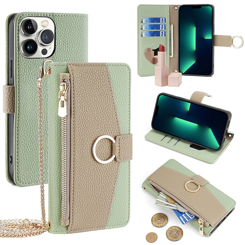 iPhone 13 Pro Max Wallet-Hülle – Litschi-Textur, mit Spiegel & Kettenschultergurt