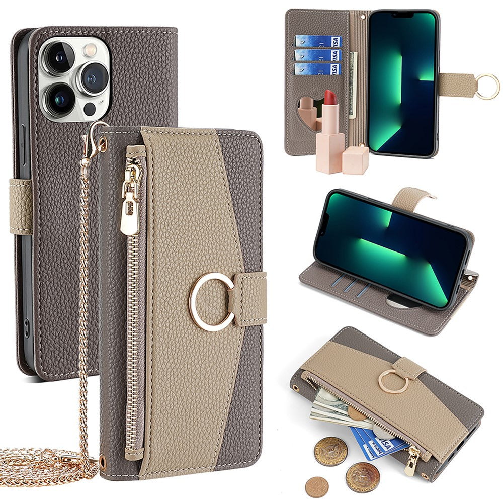 iPhone 13 Pro Max Wallet-Hülle – Litschi-Textur, mit Spiegel & Kettenschultergurt
